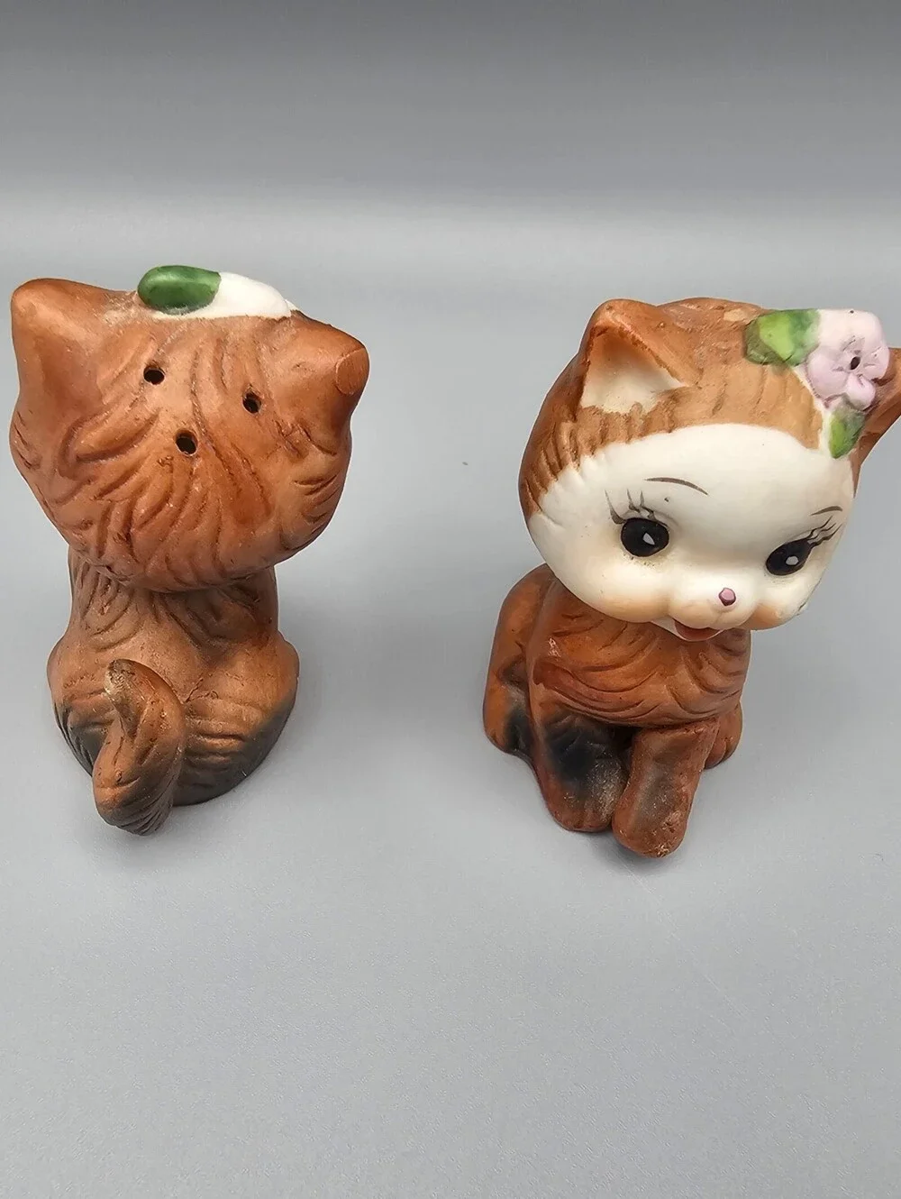 Vintage Ceramic Cat Salt and Pepper Shakers with Floral Detail